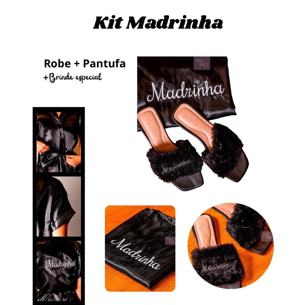 Kit Luxo Madrinha Robe Cetim Preto Bic com Pantufa Pelúcia Bordados “Madrinha”