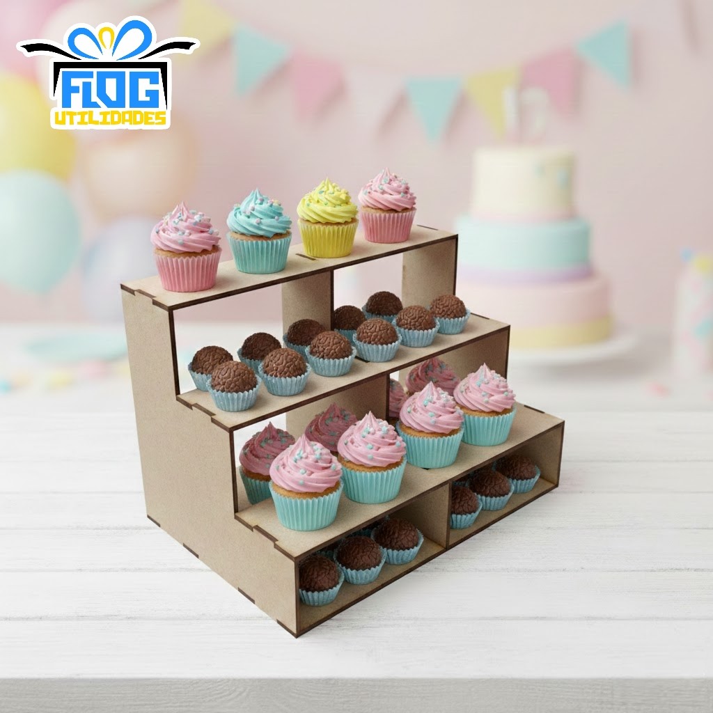 Expositor 3 Níveis Para Mesa Posta Festas - Doces / Esculturas Decorações - Expositor Decorativo Festa 18x 28cm MDF