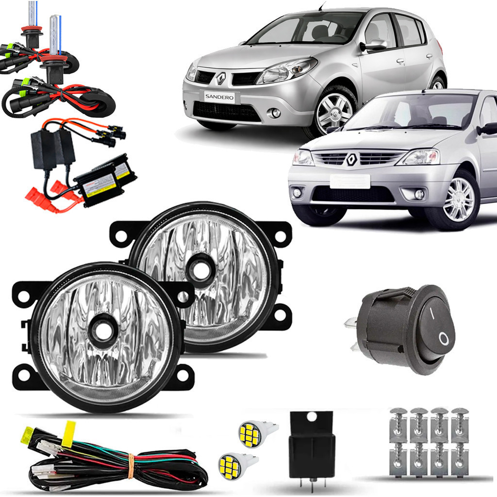 Kit Farol De Milha Neblina Auxiliar Farolete Completo Renault Logan Sandero 2007 08 09 10 11 12 + Lampada Xenon 8000K em Oferta na Shopee