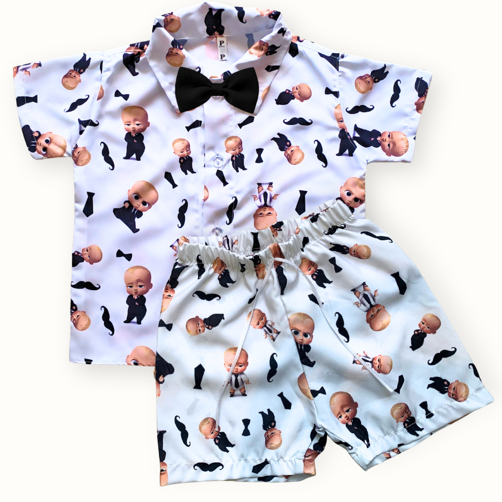 Conjunto Mauricinho Poderoso Chefinho Infantil Roupa Temática para Festa, Aniversário e Mesversário Look Social Camisa