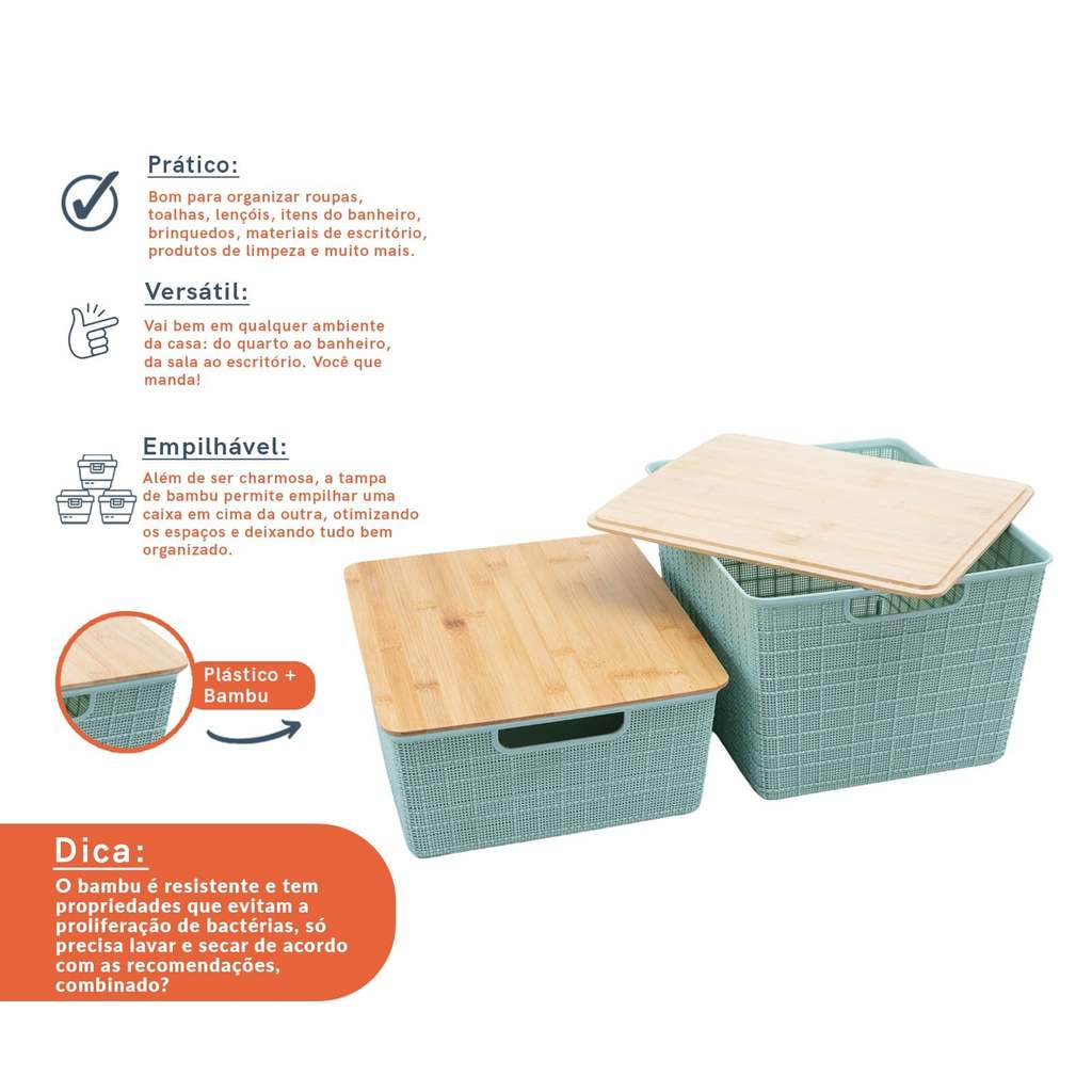 Kit 2 Caixas Organizadoras Tampa Bambu 12l/18l Verde – Oikos — imagem 2 de 2