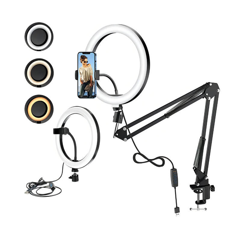 Ring Light 8 Polegadas 20cm Iluminador LED Com Braço Articulado Mesa Suporte Celular Para Vídeo Estúdio