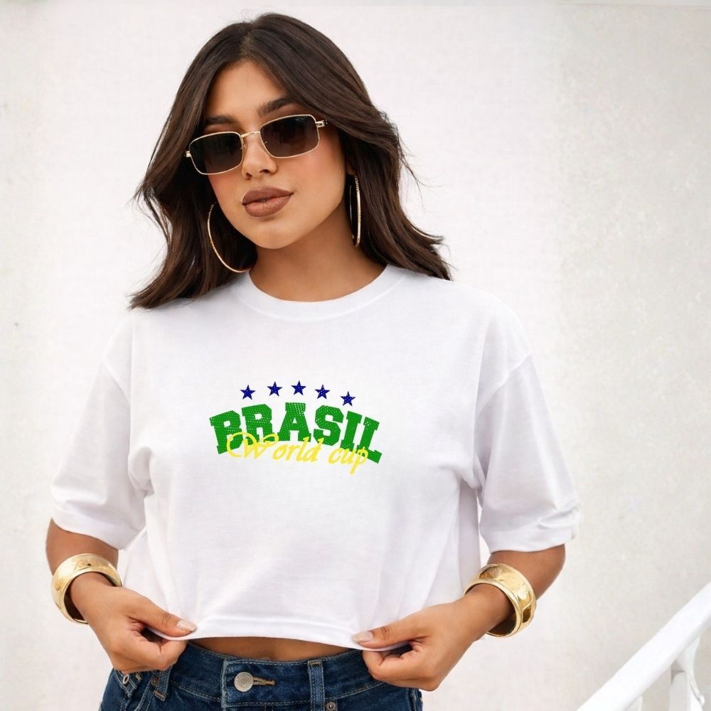 
Cropped Oversized Feminino Brasil Copa do Mundo Verde Amarelo Streetwear Camiseta Cropped Algodão