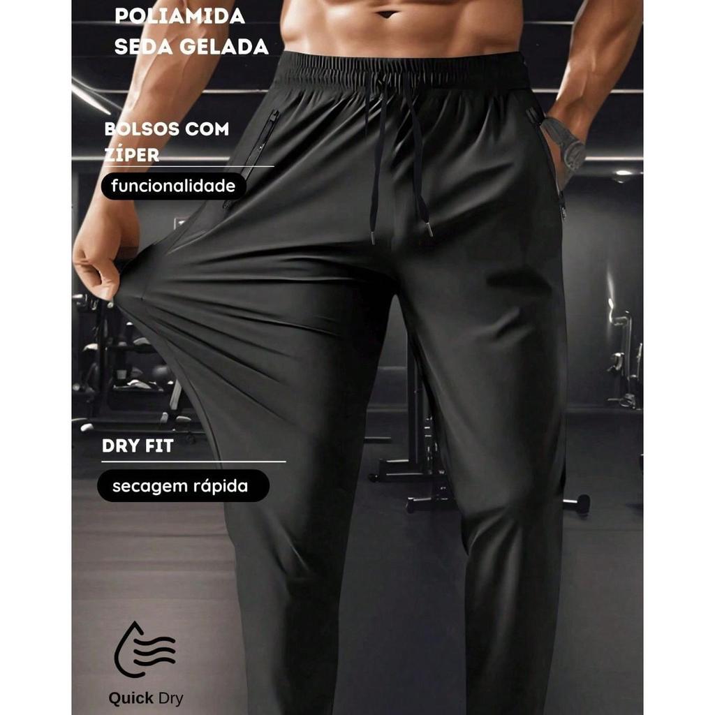 Calça Jogger Masculina Esportiva em Seda Gelada, Leve e Respirável, com Bolsos com Zíper para Academia e Corrida