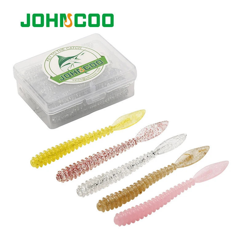 JOHNCOO 40 peças/caixa Isca de Pesca Soft Worm AJING 57mm 0.64g Isca para Peixe-Rocha do Oceano Isca para Robalo Swimbai