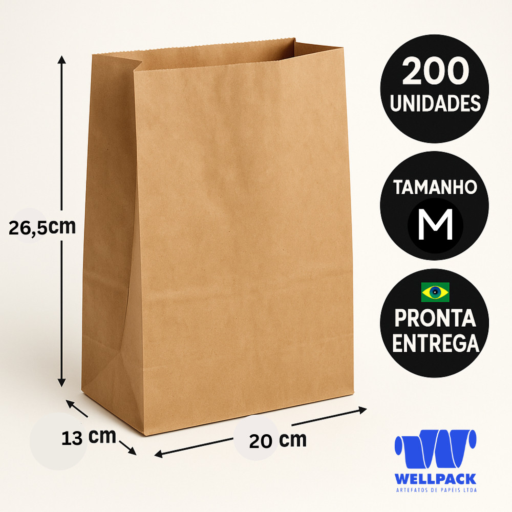 200 Saco de papel kraft medida M delivery comida hamburgueria