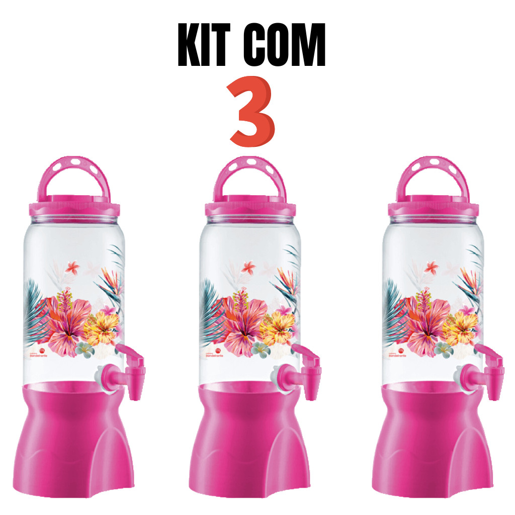 Kit com 3 Suqueira De Plástico 2.7Lts Flores Decoração de Festa Rosa