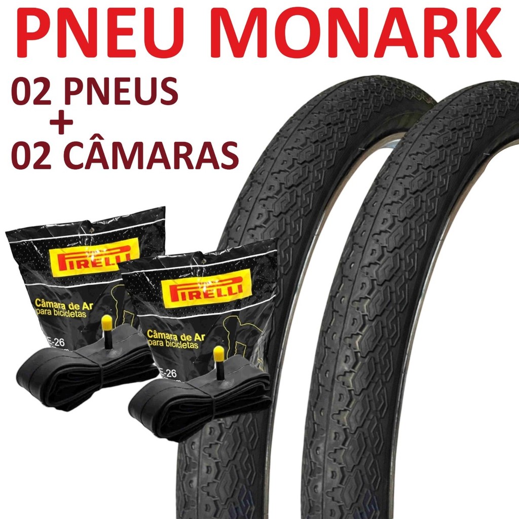 02 Pneus Aro 26 Kenda K178 50-584 Bicicleta Monark + 02 Camaras de Ar Pirelli PE26 26 MTB Bico Grosso Valvula Schrader