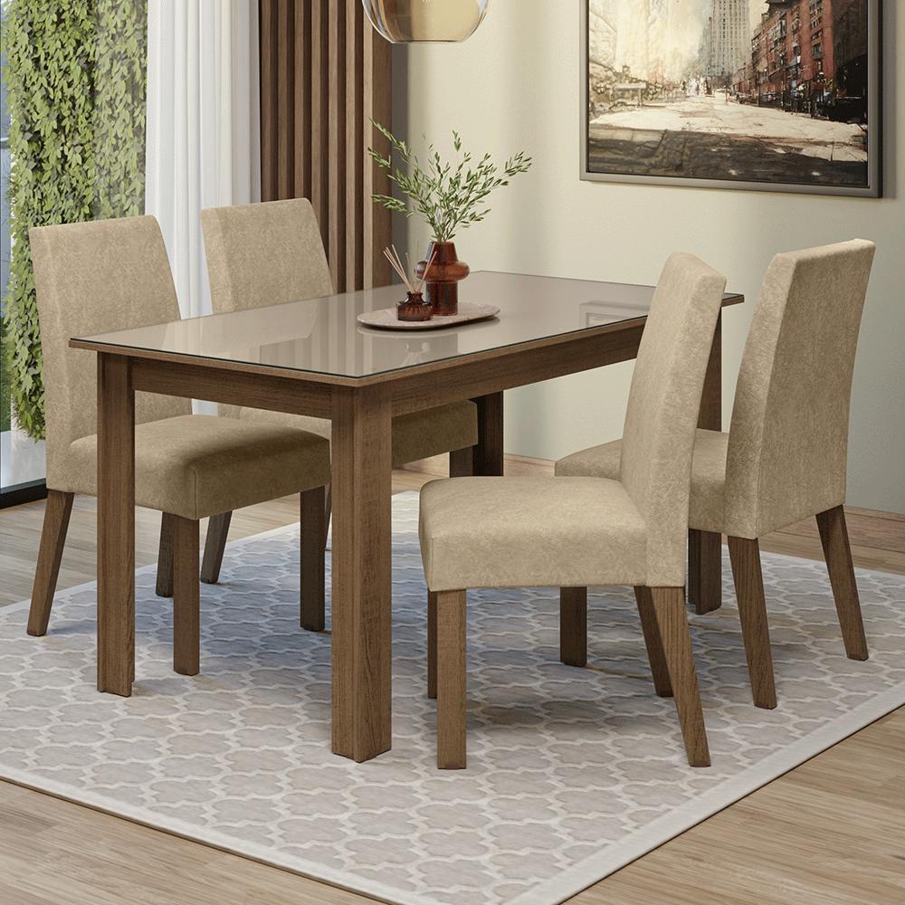 Conjunto Sala de Jantar Ravena Mesa Tampo de Vidro 4 Cadeiras Rustic/Crema/Suede Imperial Madesa