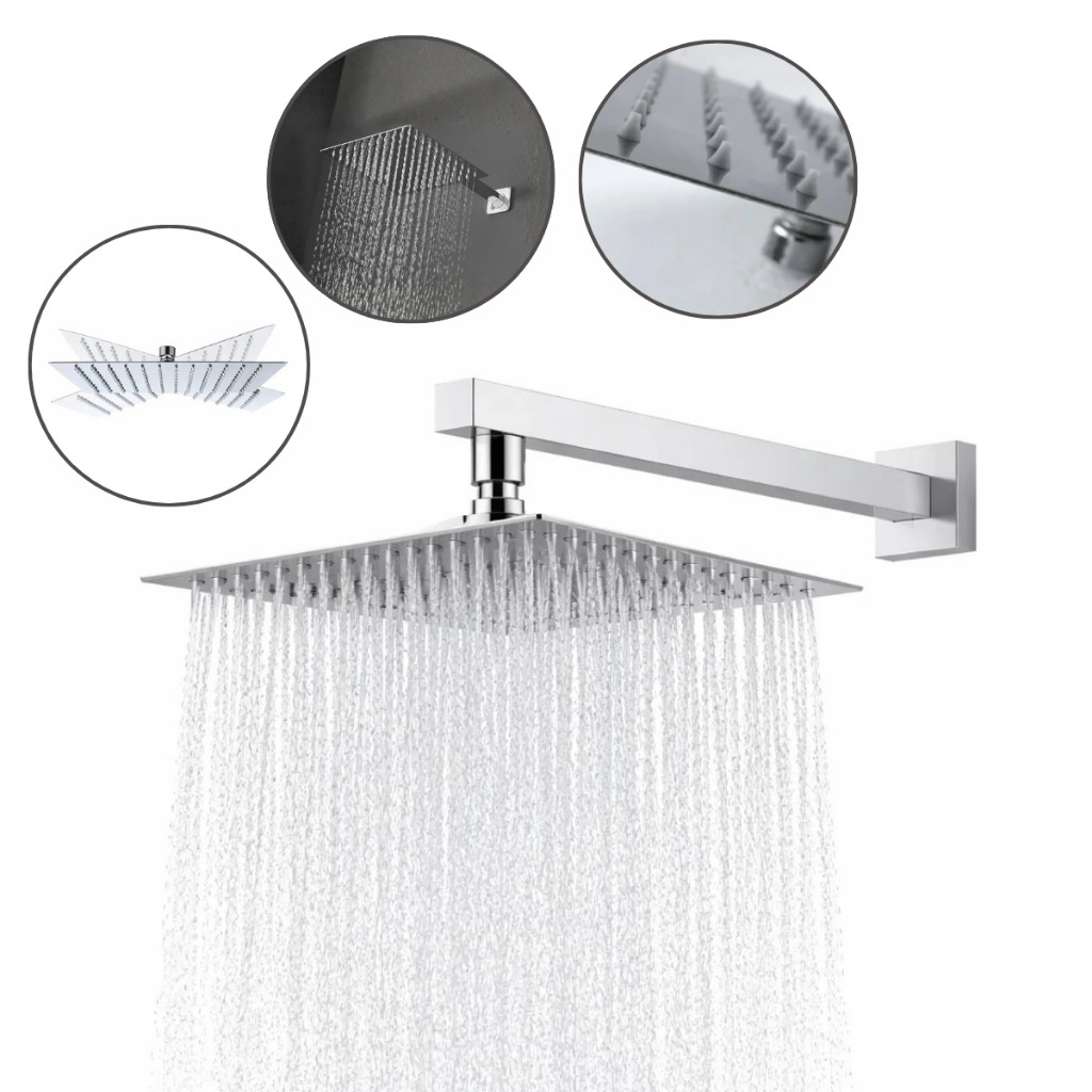 Chuveiro Ducha Área Externa em Aço Inox Quadrado Articulado 20x20cm Piscina Cano 30cm Prata