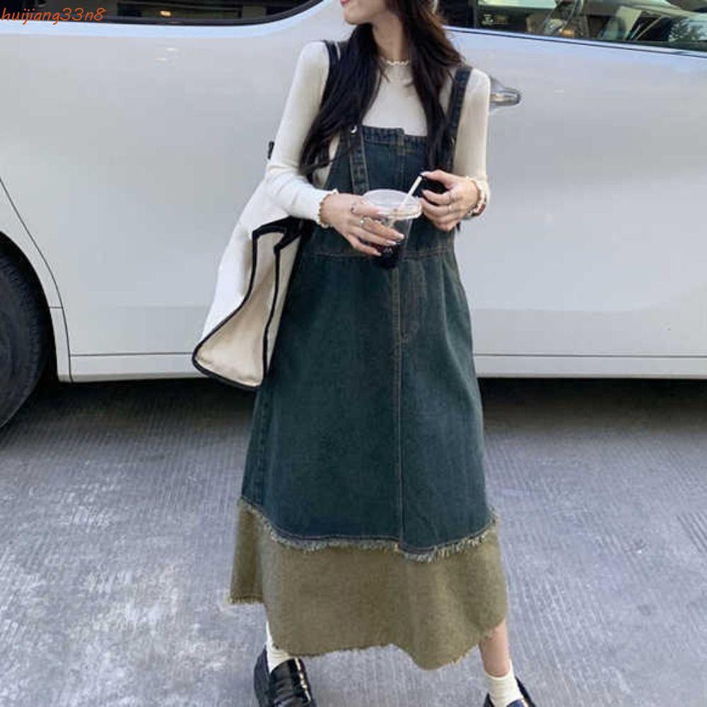 HUIJIANG Cowboy Macacão Vestido , Retalhos Solto Denim Feminino , Retro Sem Mangas Chique Cintura Alta Saia Longa