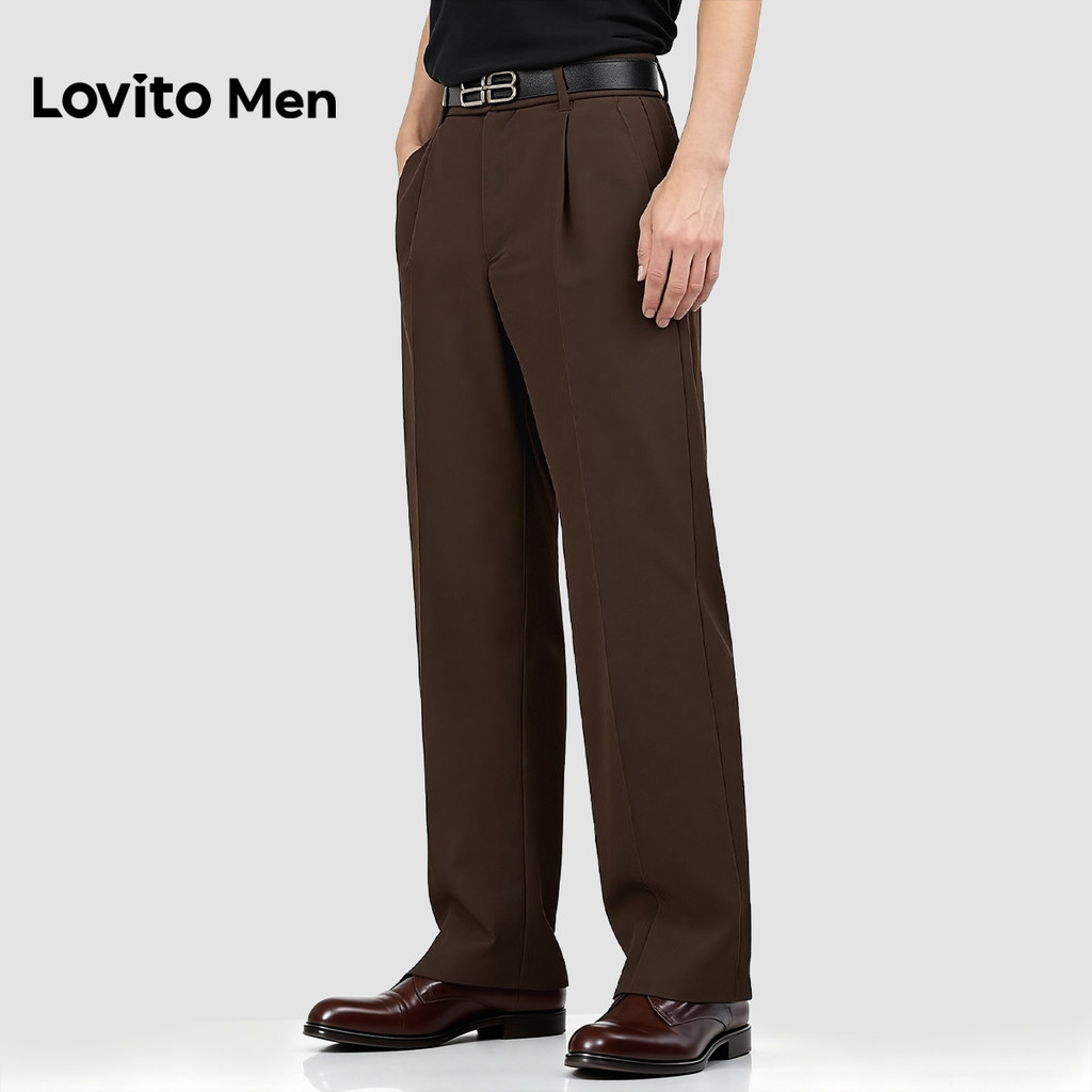 Lovito Men Calça de Terno Elegante com Bolso Pregueado Marrom para homens. LNE138128