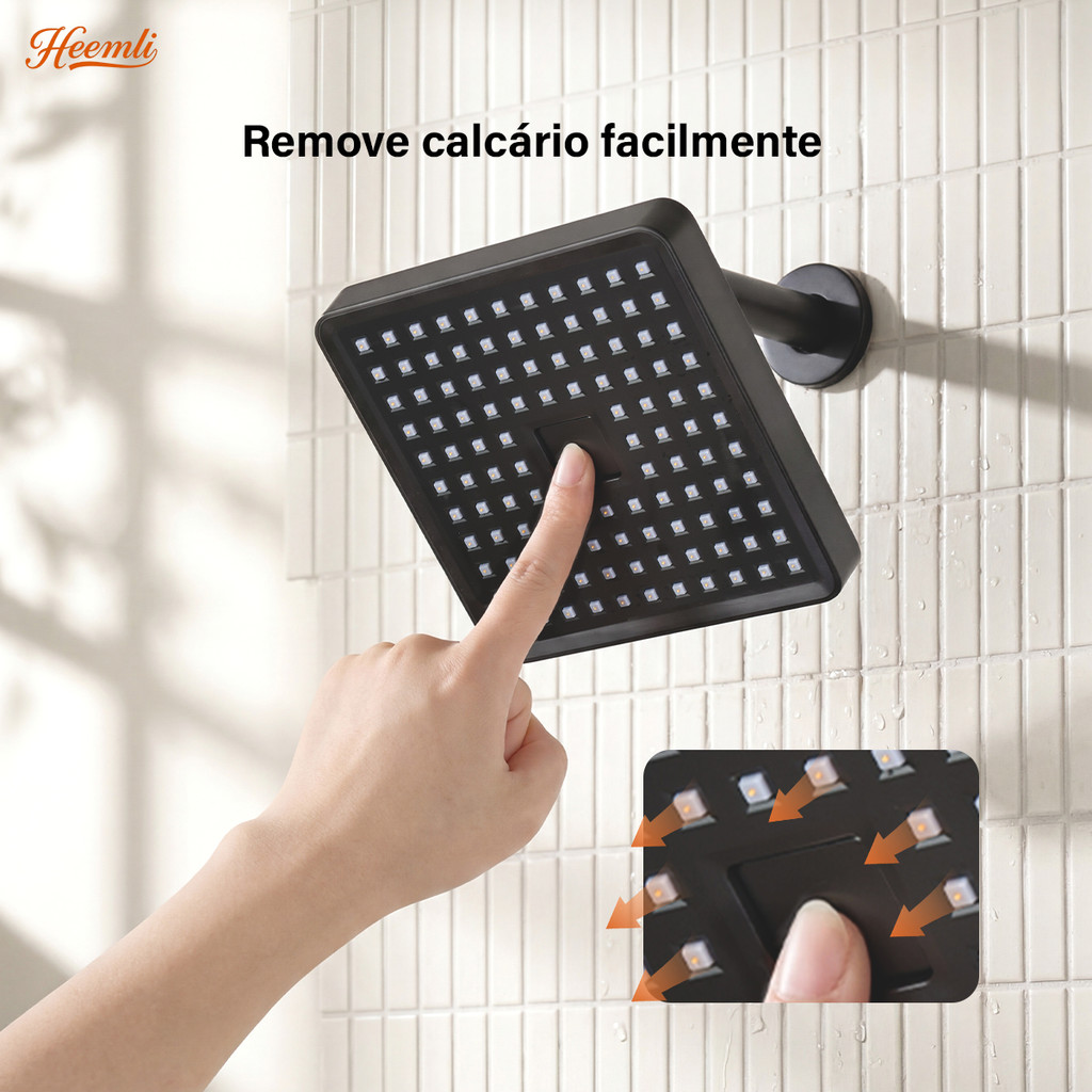 Ducha Chuveiro de Banheiro Quadrado com Pressurizador e Auto Limpeza 360° Universal Heemli