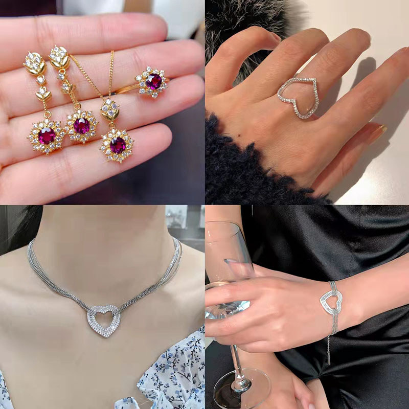 ML Japão Coreia Diamante-cravejado Meninas Anel Aberto Diamante Vermelho Cheio de Diamante Forma de Coração Mesmo Estilo