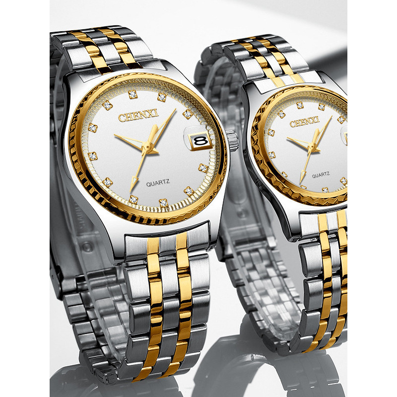 Chenxi casal relógio calendário relógio de quartzo relógio de pulso negócios masculino feminino estilo par relógio ouro 