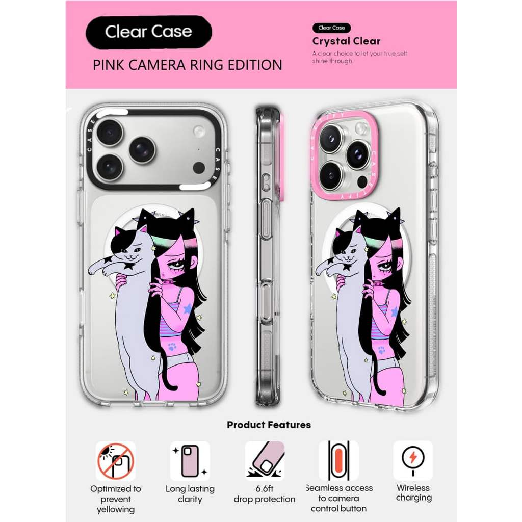 CASECASE X LIVE for MY CAT Capa De Telefone PINK CAMERA RING EDITION Sucção Magnética Transparente De Impacto Para iPhon