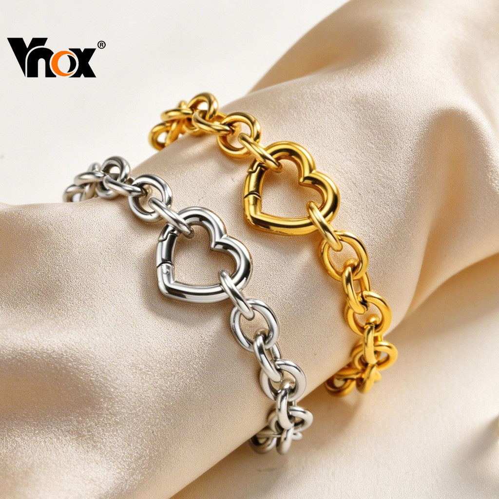 Pulseira De Fivela Em Forma De Coração Robusto Vnox Para Mulheres E Meninas , Corrente De Elos De Aço Inoxidável Dourado
