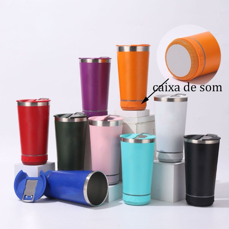 Copo térmico inox com tampa abridor e caixa de som com bluetooth Led 420ML