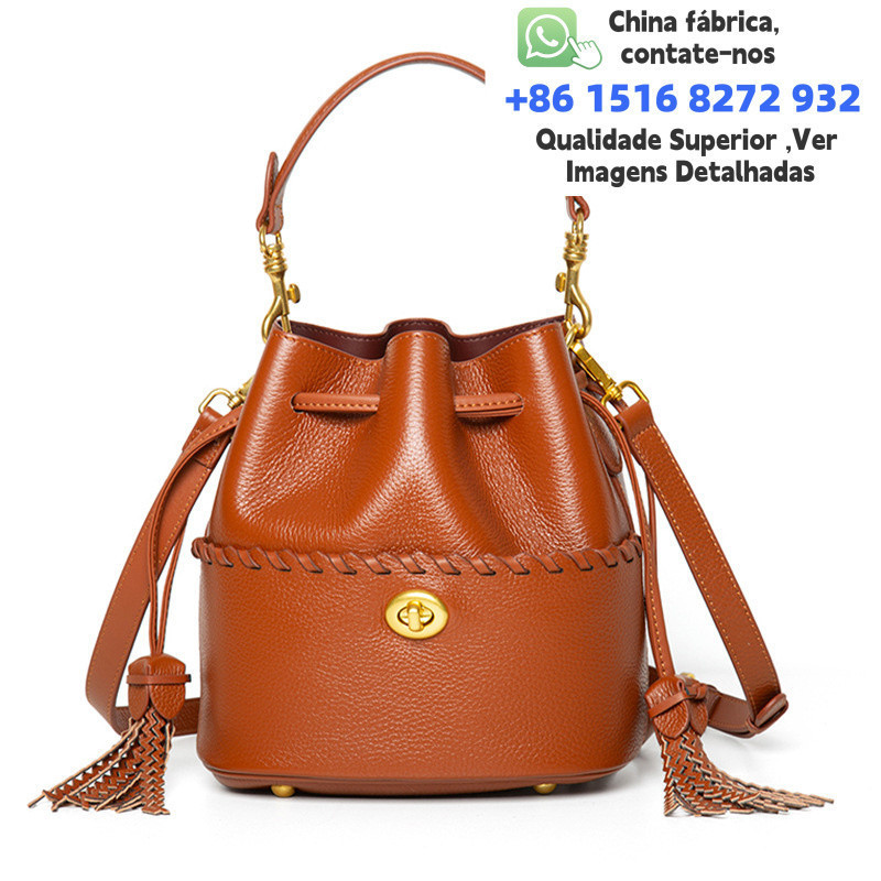 F Bolsa Crossbody tipo balde de couro genuíno de primeira camada, bolsa elegante de couro genuíno com cordão.