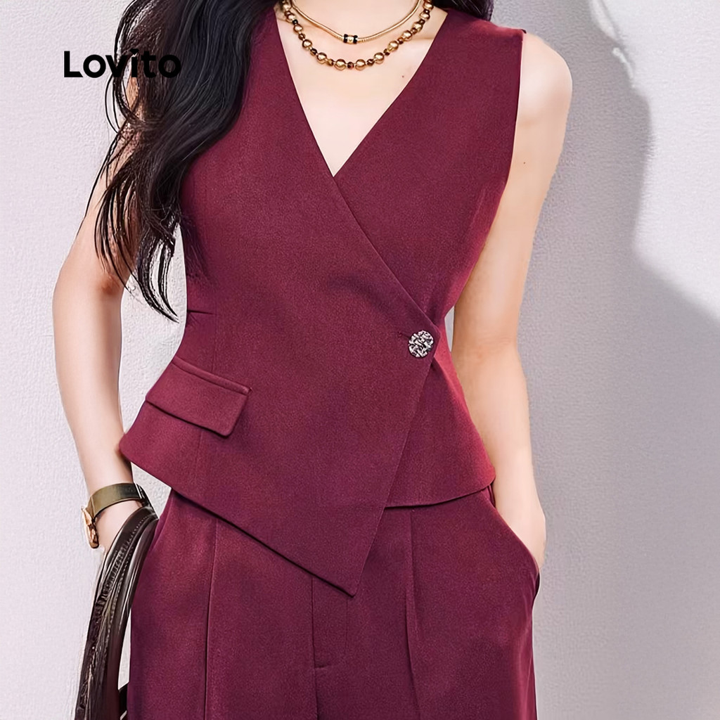 Lovito Conjunto Elegante De Blusa Ou Calça Assimétrica Com Botões Na Cor Bordô Primavera/verão Para Mulheres L165ED1008