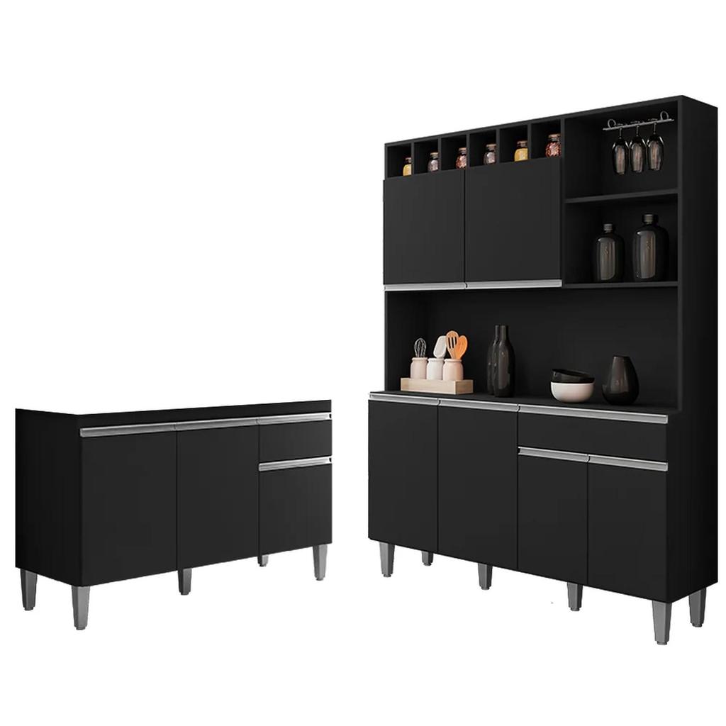 Cozinha Compacta Alice e Balcão Gabinete Sem Tampo Tatiane 120cm Preto - AJL Móveis