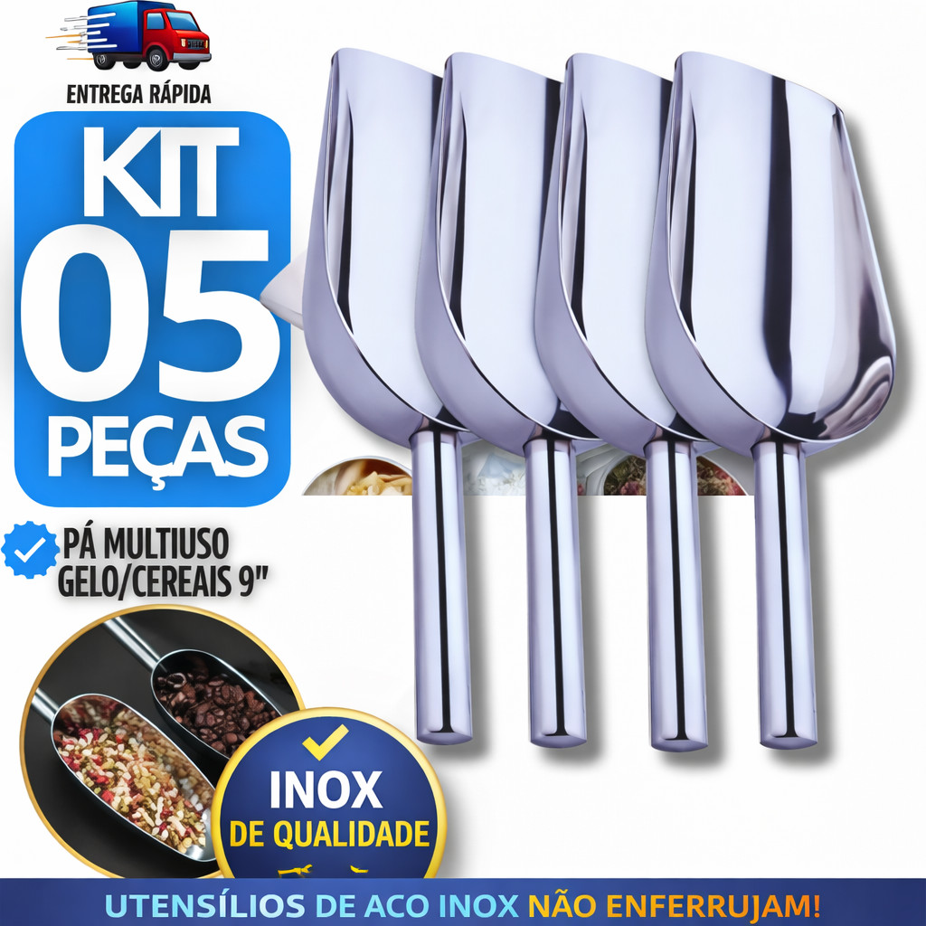 Combo Pá Pegadoras 9" Aço Inox Multiuso Pegadores Concha Gelo Ração Pet Cereal Grãos Utensílio