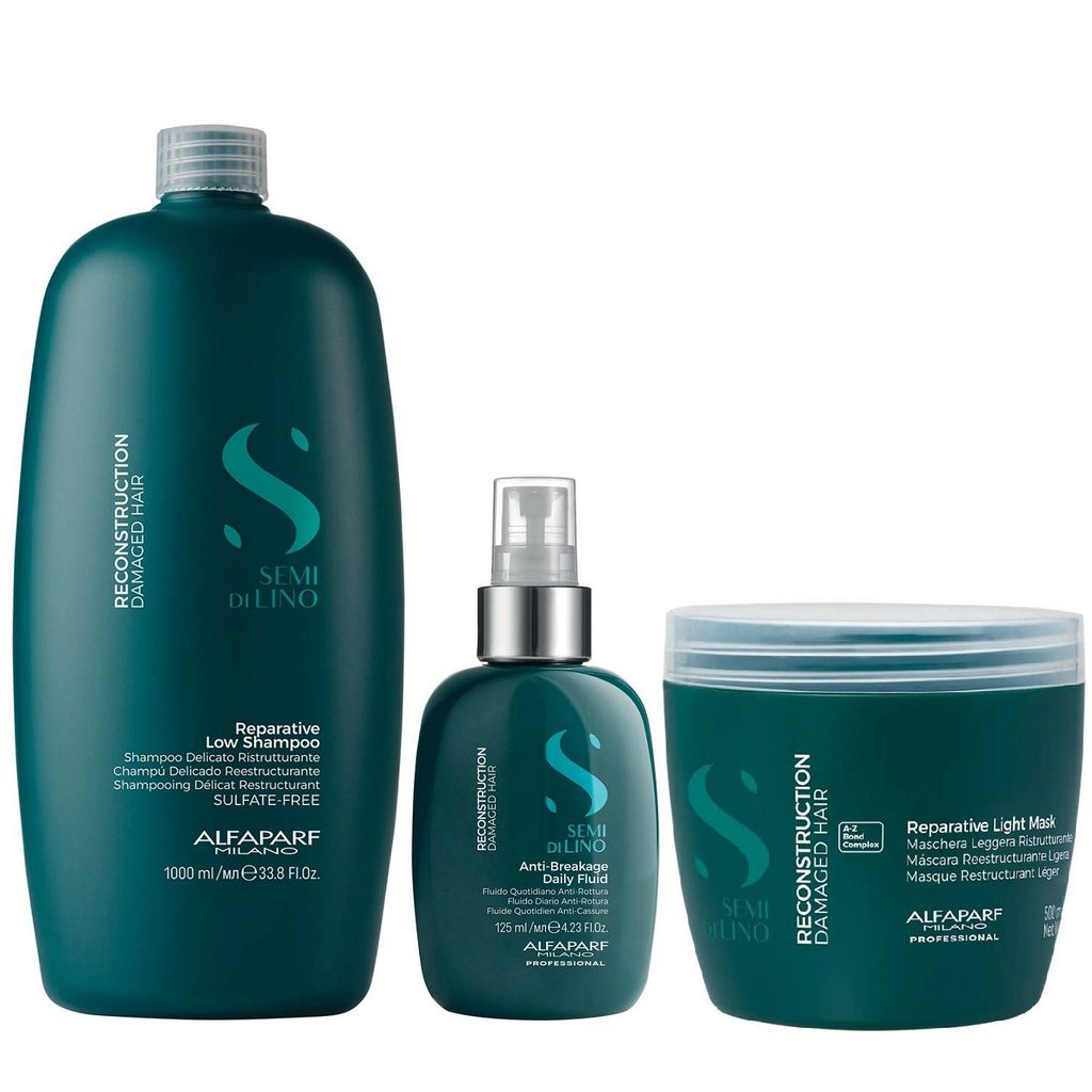 Kit Alfaparf Semi Di Lino Reconstruction - Shampoo 1L + Máscara Suave 500ml + Fluído 125ml