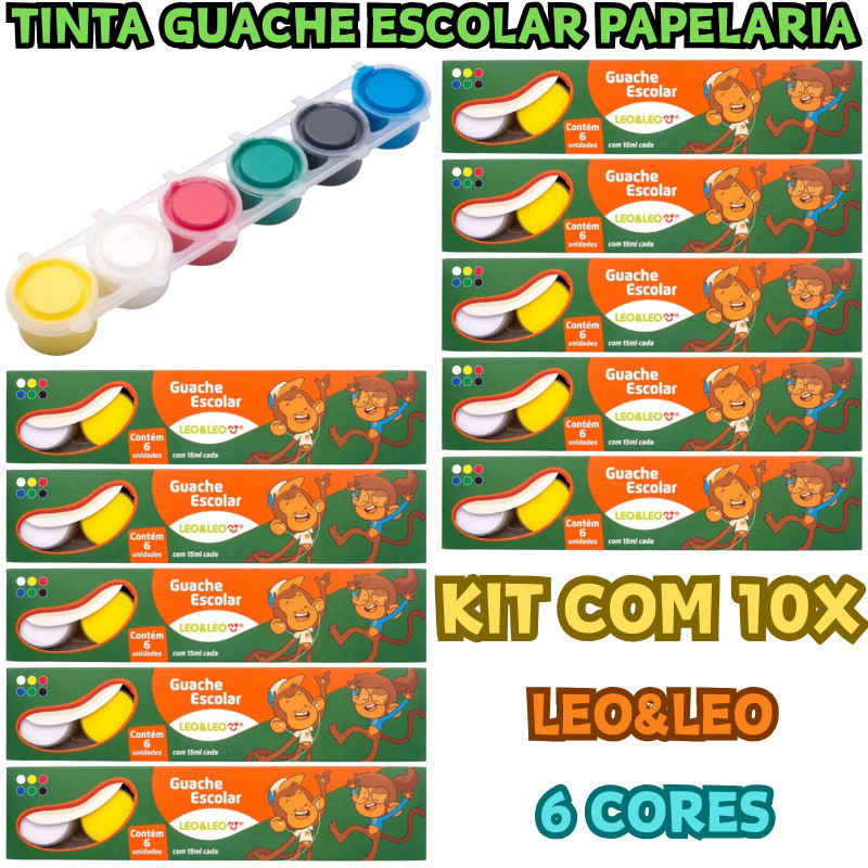 Kit 10 Leo&Leo 6 Cores Tinta Guache Escolar Papelaria Vibrantes Pote 15ml Pigmentada Multicolorido