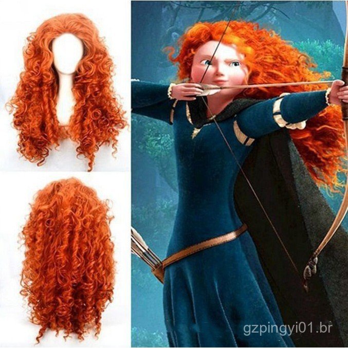 Brave Legend ∕ Peruca de Anime Princesa Merida Cor Laranja Brilhante Conjunto de Cabelo Longo Cacheado BIAX