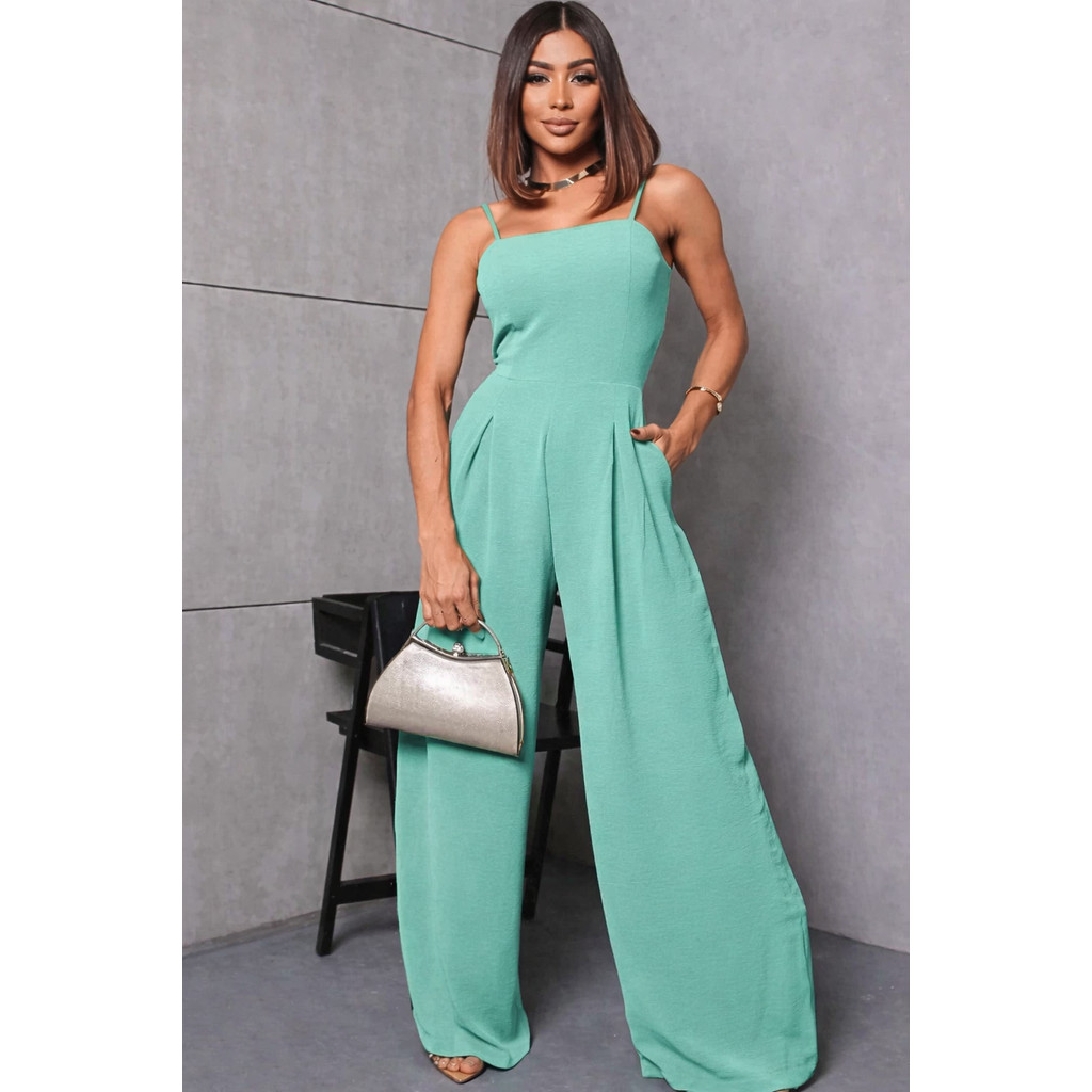 Macacão Feminino com Lastex nas Costas Longo Pantalona Tecido Duna Com Bojo Luxo Tendencia Moda Mulher Verão