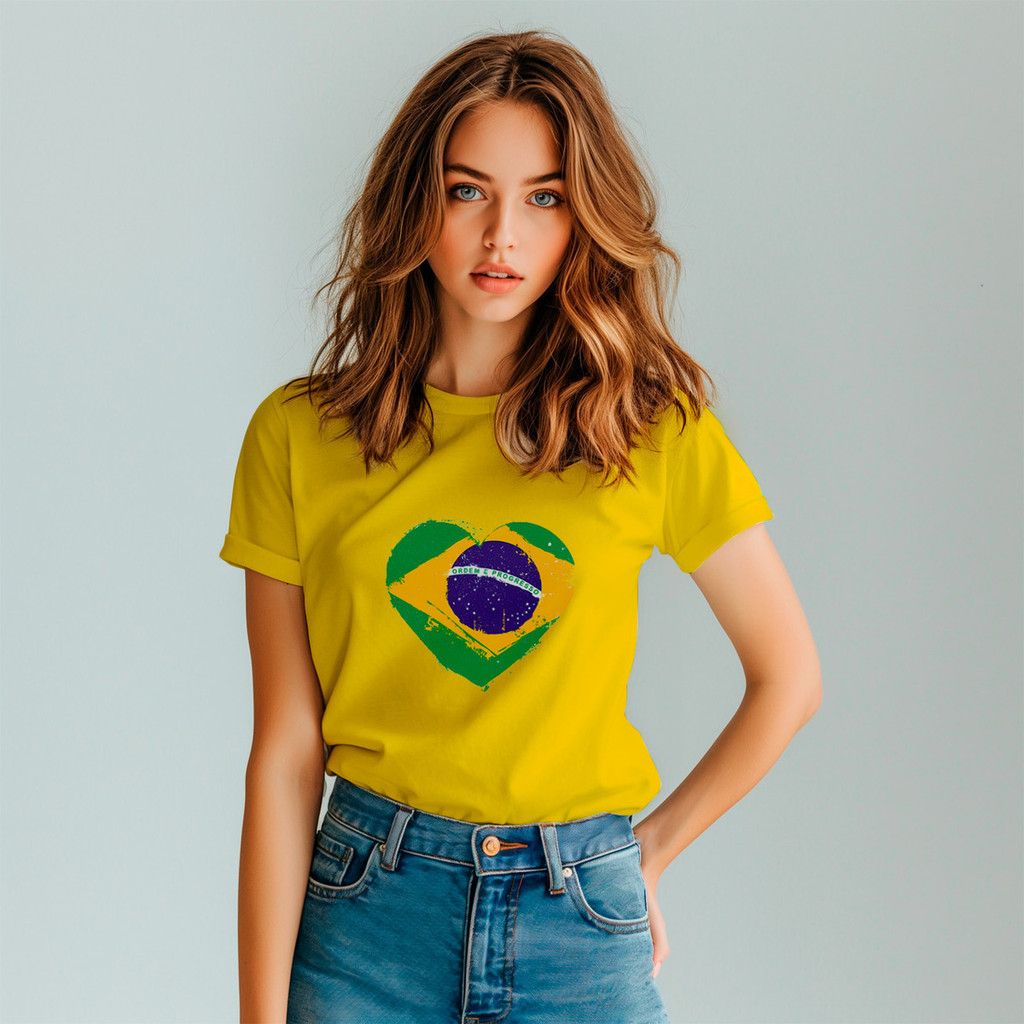 Camiseta Unissex Estampa Bandeira Do Brasil Coração Copa Futebol Algodão Premium