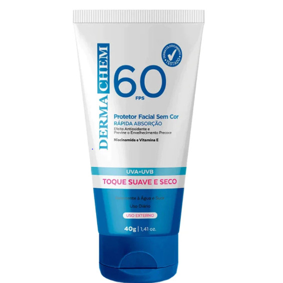 Protetor Solar Rosto FPS 60 Dermachem -Validade 2027 Sem Cor Toque Seco  Rejuvenescedor 40g,