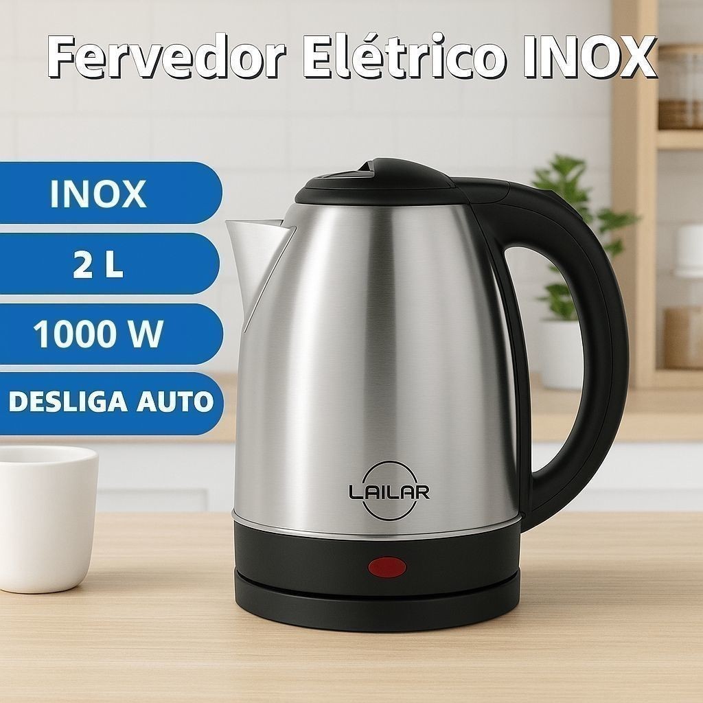 Chaleira Elétrica 2 Litros Potente 1000W Aço Inox Desligamento Automático