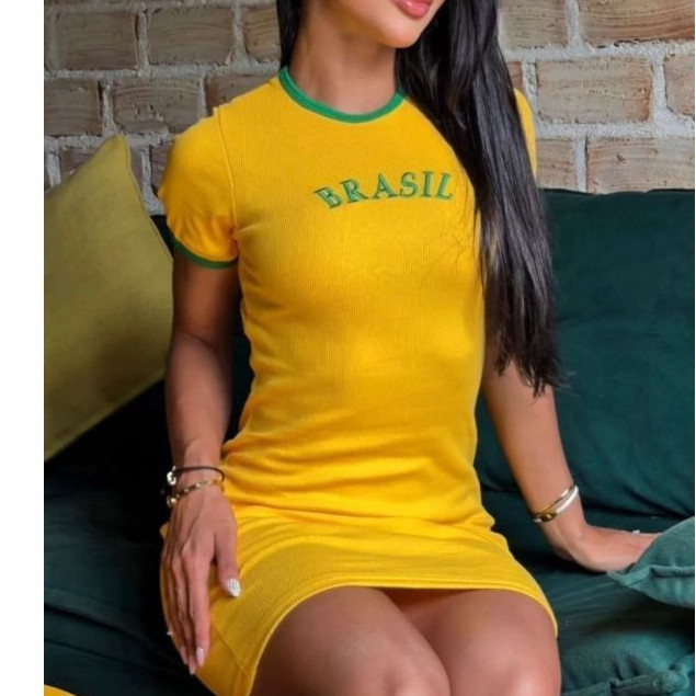 Vestido Tubinho Feminino Manga Curta Brasil Copa do Mundo Moda Verão Fashion