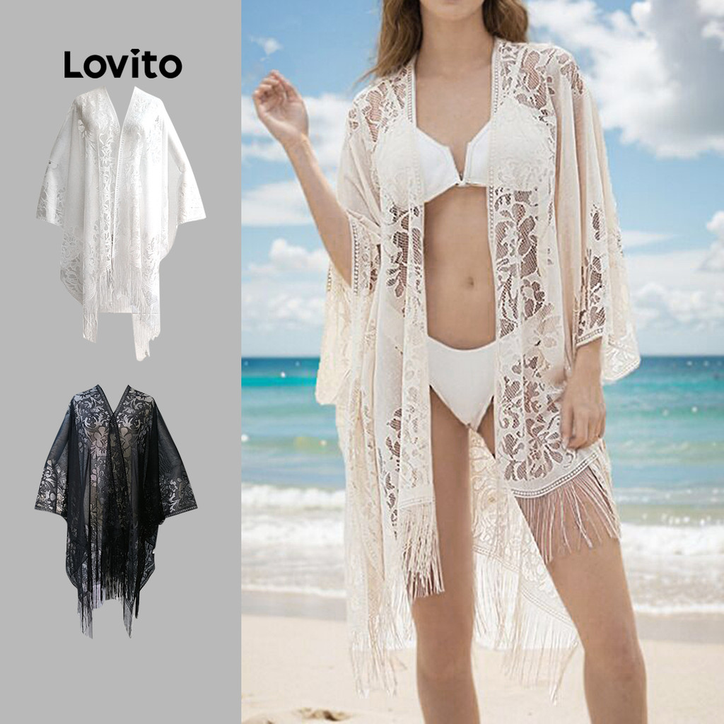 Lovito Boho Kimono Primavera/verão Preto Kimono para Mulheres LNE130X065 em Oferta na Shopee