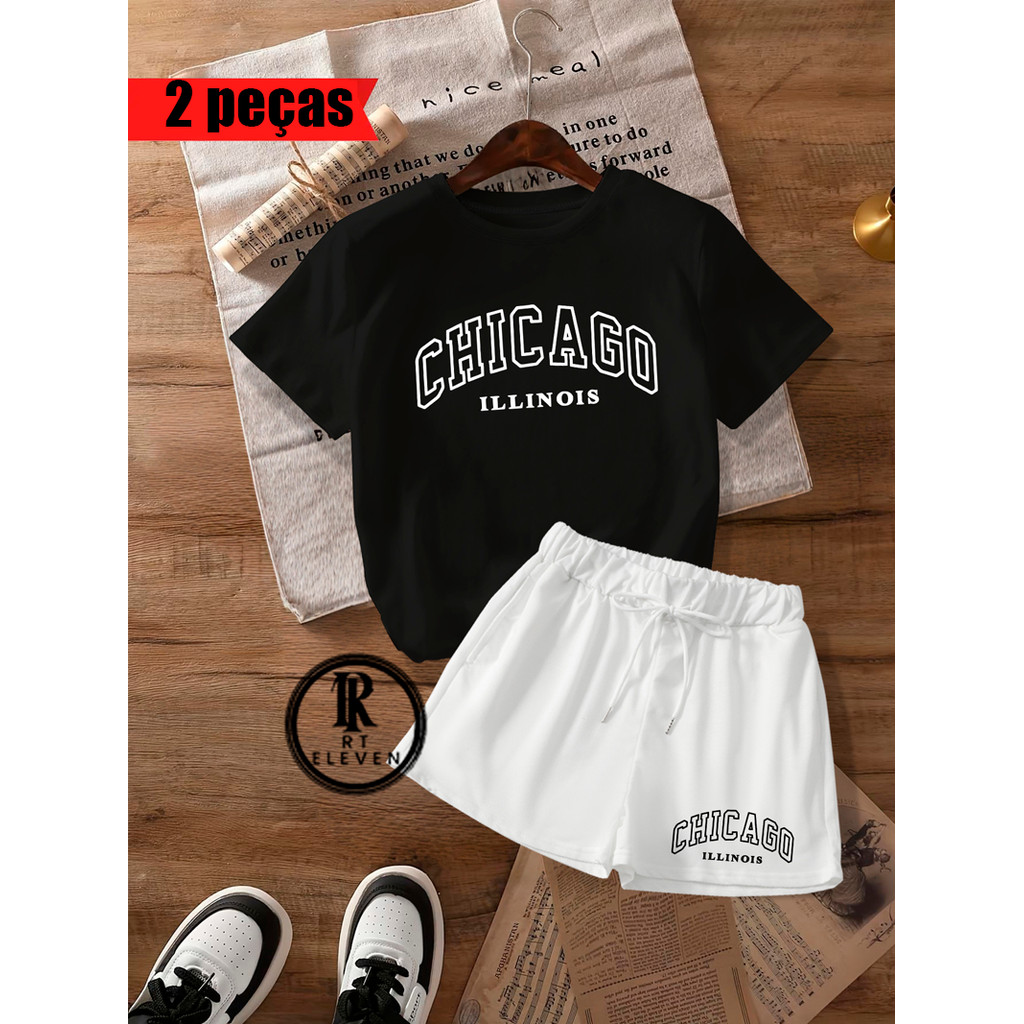 Kit Conjunto Chicago Feminino Camiseta Malha Algodão e Short Moletom Chicago Estiloso Casual Confortável