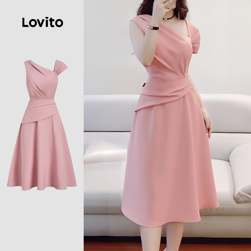 Lovito  Vestido Elegante Assimétrico Plissado Primavera/verão Rosa para Mulheres L172LD1314 em Oferta na Shopee