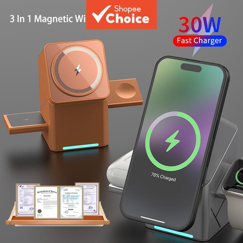 Qi2 30W 25W 3 em 1 Estação de Carregador Sem Fio Magnético para iphone 17 16 15 14 13 12 Carregamento Huawei Samsung
