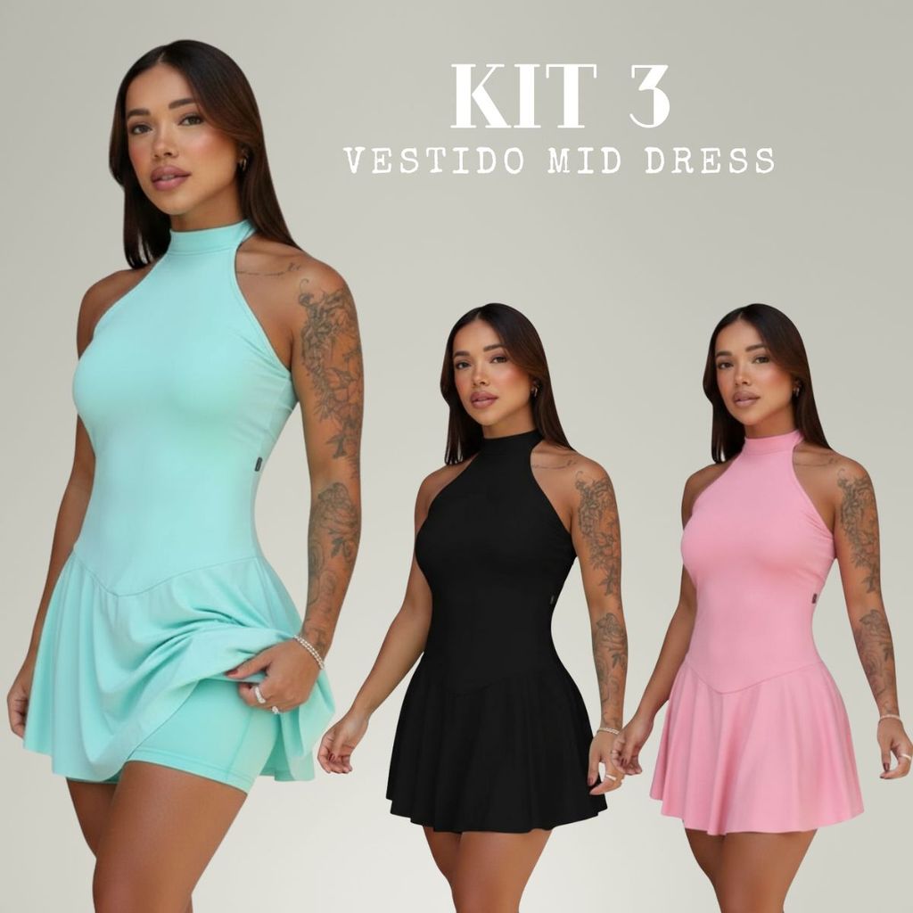 Kit 3 Vestido Mid Dress Feminino Em Tecido Fluity Com Gola Alta E Shorts Interno Justa Saia Godê