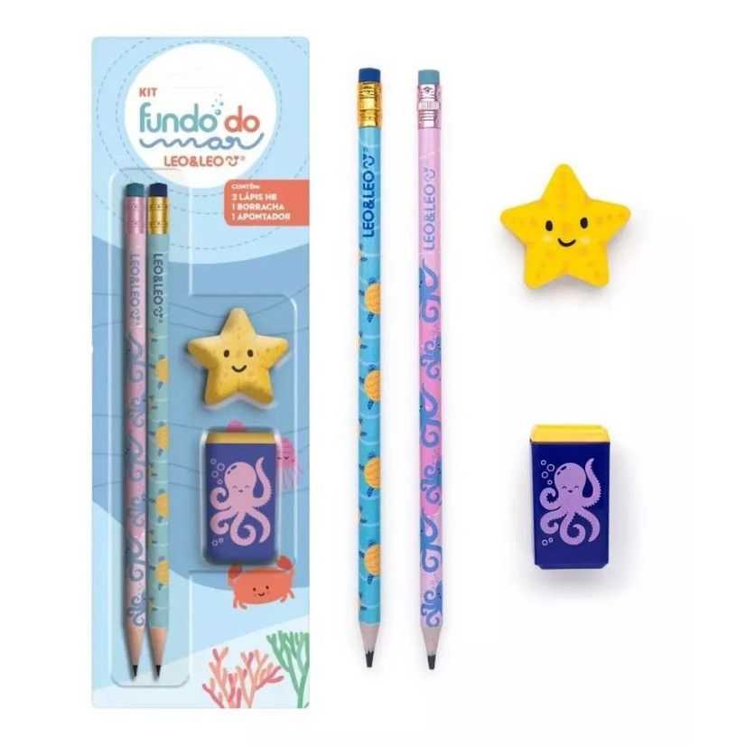 Kit Escolar Fundo do Mar com 2 Lápis HB, Apontador e Borracha Cartela Leo e Leo