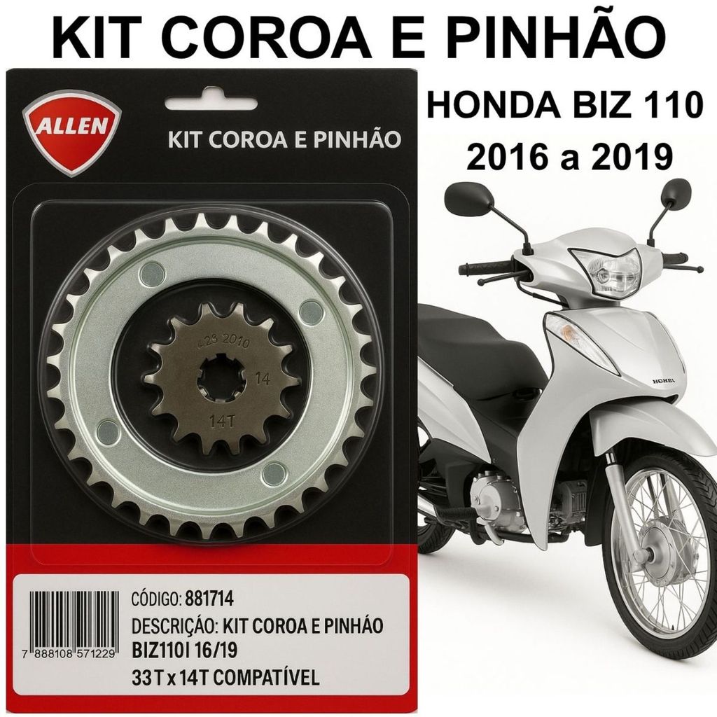 Kit Coroa e Pinhão Biz 110 Transmissão Relação 33x14 Biz 110i 2016 2017 2018 2019 Allen