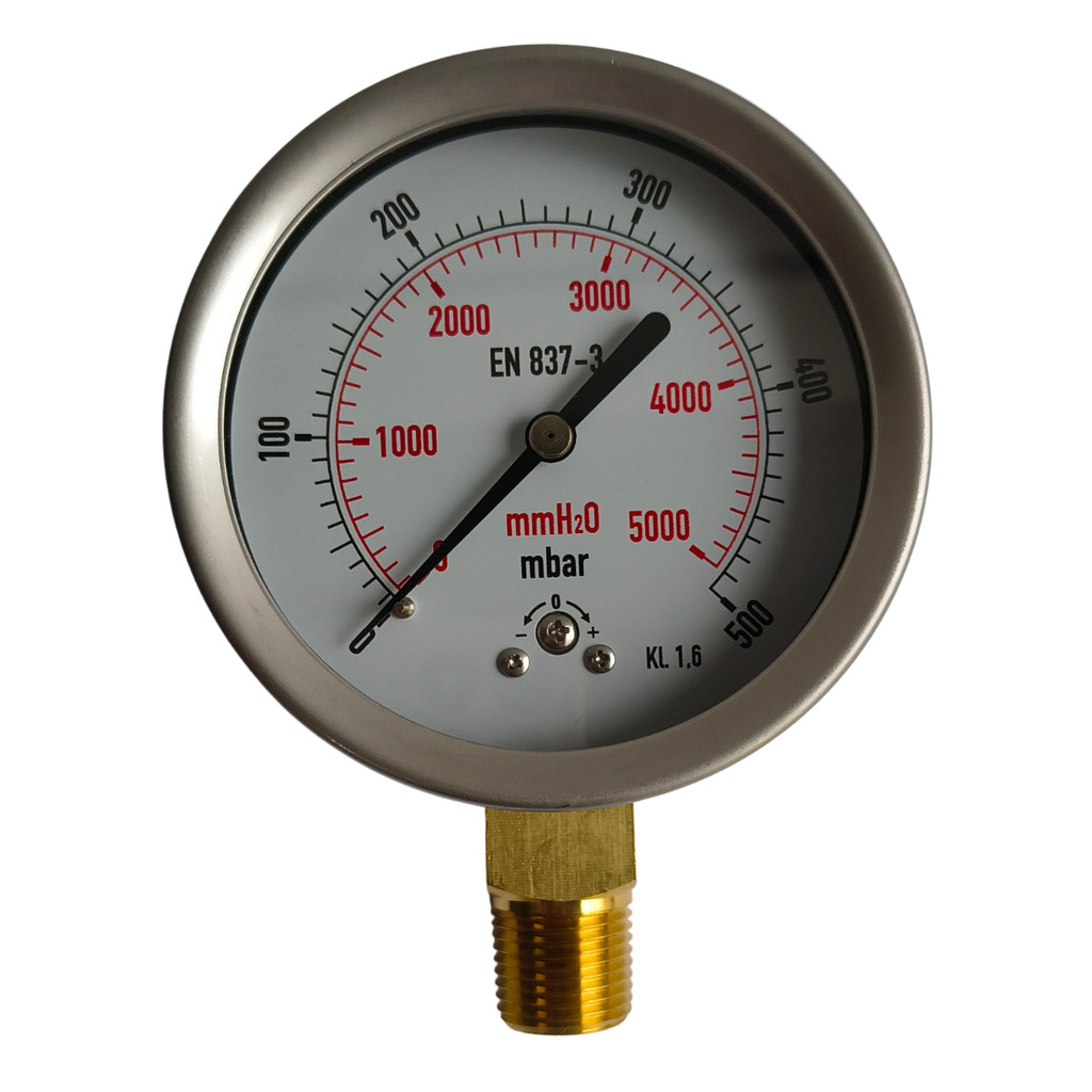 Manômetro Baixa Pressão Caixa Ø100 Saída Lateral Escala 500 MBAR (0-5000) MMCA Caixa Aço Inox