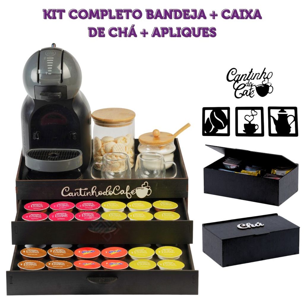 Kit Cantinho Do Café Em MDF Com Bandeja Porta 48 Cápsulas E Caixa De Chá Apoio Luxo