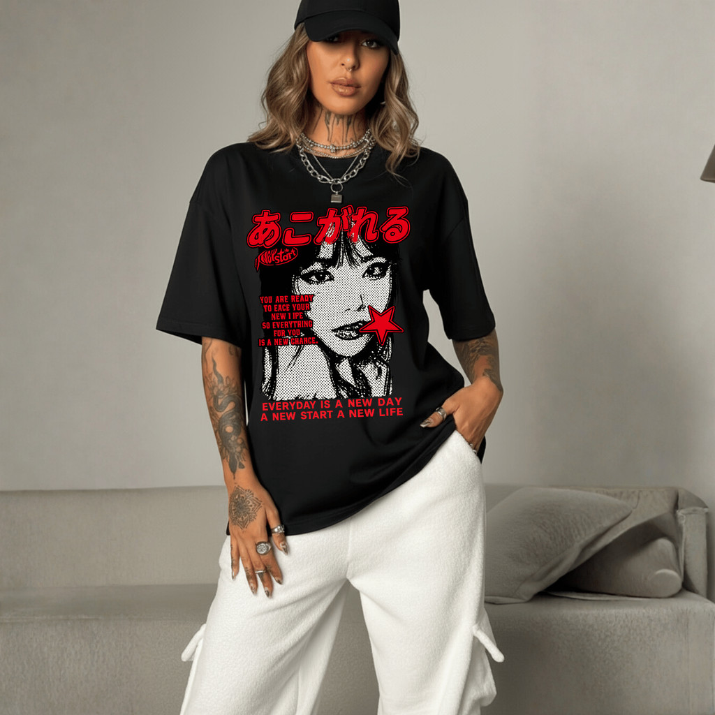 Camiseta Feminina Y2K 100% Algodão Larga Blusa Anime Oriental Geek Unissex T-shirt Sleeved — imagem 2 de 2