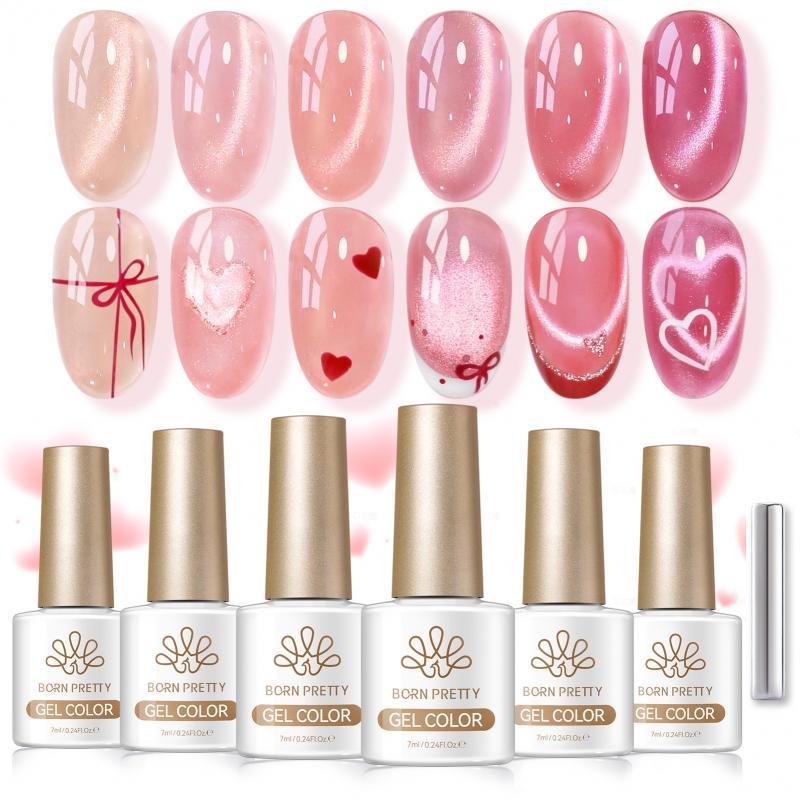 BORN PRETTY 6 Peças Pêssego Coral Mar Contas De Vidro Gato Conjunto De Esmalte De Gel Magnético Rosa