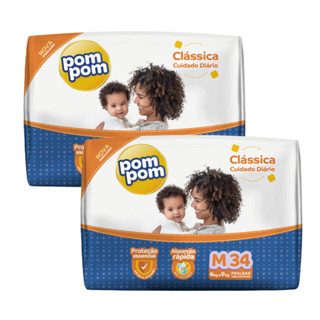 Pack 2x Fralda PomPom Clássica Econômica M 34un - Elásticos suaves em Oferta na Shopee