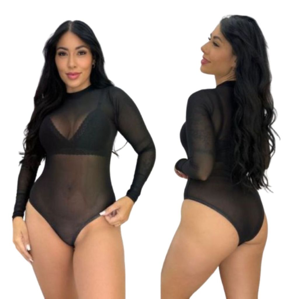 Body Tule Transparente Bori Feminino Manga Longa Preto em Oferta na Shopee