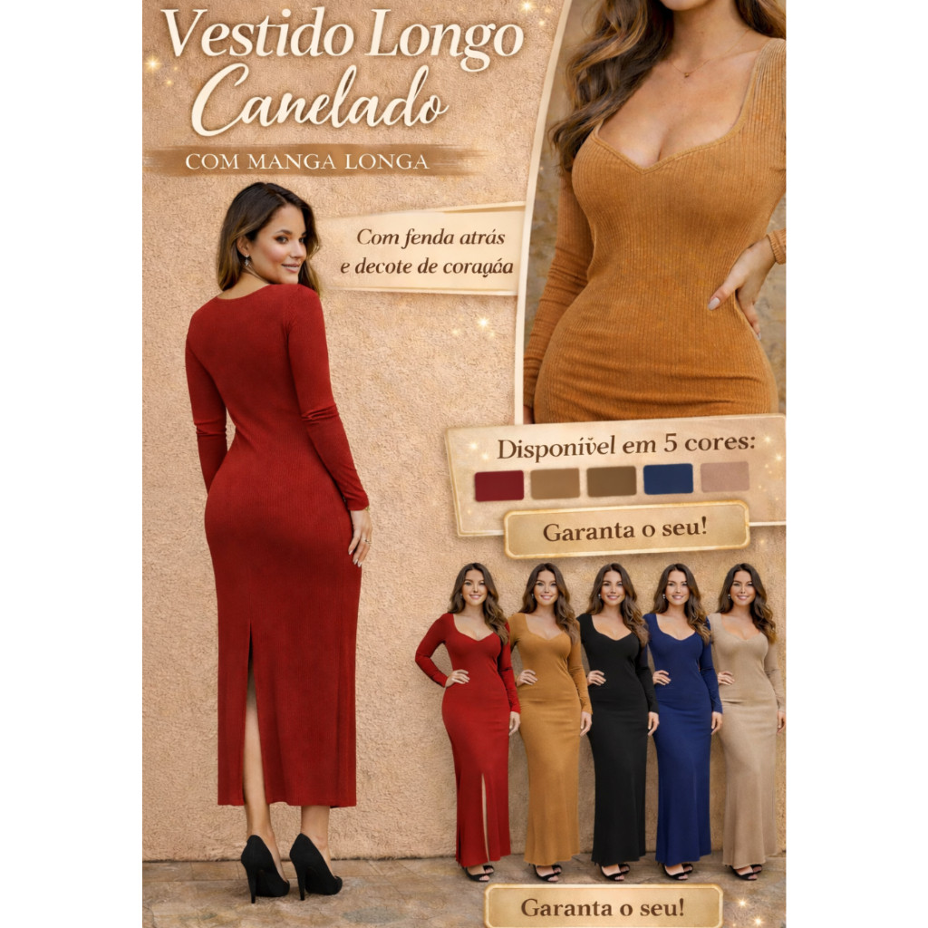 Vestido Longo Canelado Gola Coração Sem Bojo c/ Fenda atras  Elegante e Confortável Para o Inverno