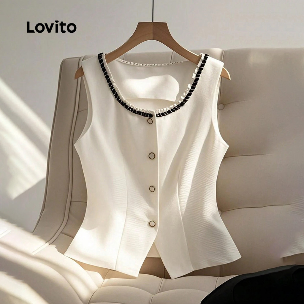 Lovito Top Elegante com Botões Na Frente Branco Primavera/verão para mulheres LK4LD2268 em Oferta na Shopee