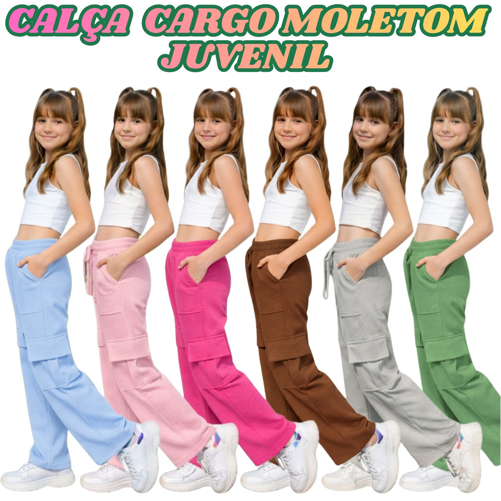 Calça Cargo Moletom Menina Estilosa Casual Moderna